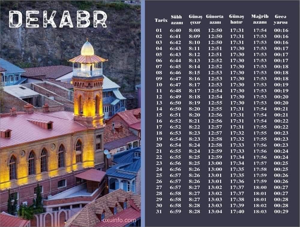 Gürcüstan üfüqi ilə Dekabr ayının azan vaxtları