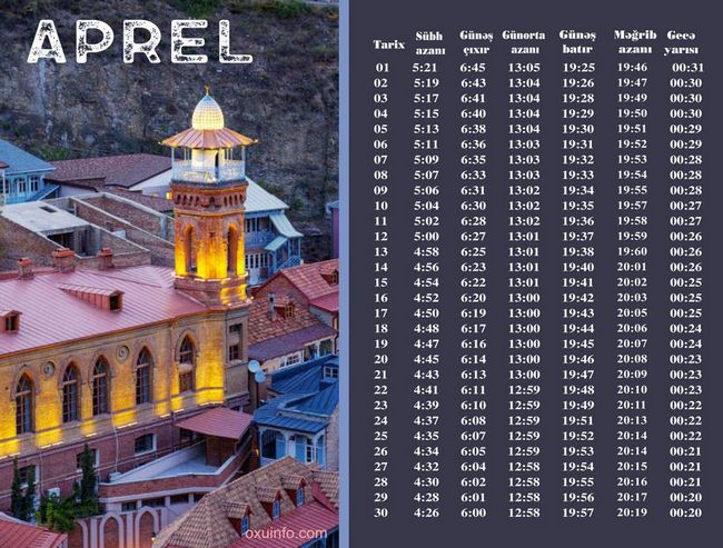 Gürcüstan üfüqi ilə Aprel ayının azan vaxtları